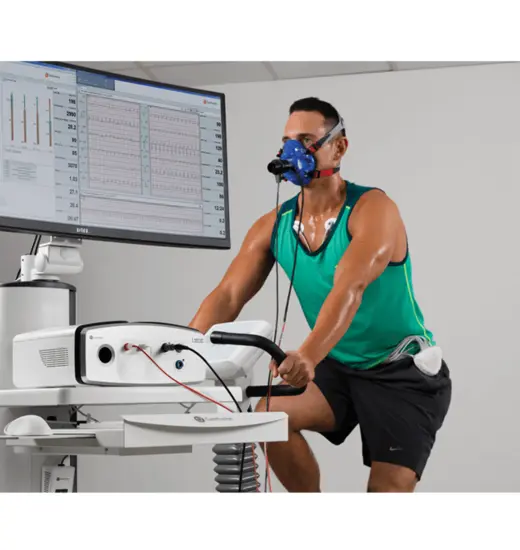 Patient being stationary bike tested on Vyaire's Vyntus™ CPX Metabolic Cart. Patient being stationary bike tested on Vyaire's Vyntus™ CPX Metabolic Cart.