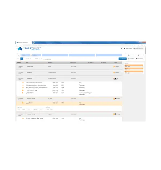 SentrySuite software solution data interface results page