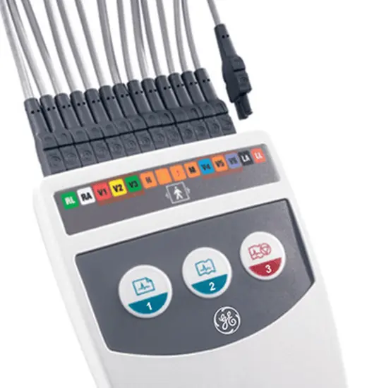 close-up of the CardioSoft ECG monitoring device.